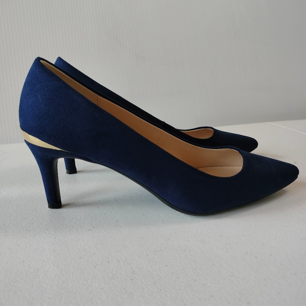 Liz Claiborne Gracie Memory Foam Faux Suede Blue Heels 9 Office Comfort Holiday